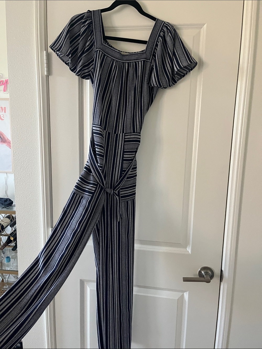 Monteau Navy and White Striped Square-Neck Jumpsuit